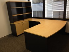 Bow Front Desk, Splayed Return, Back Combination Credenza With Overhead Bookcase